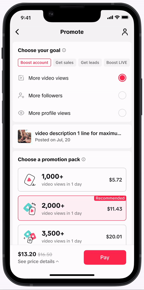 TikTok Promote campaign setup screen